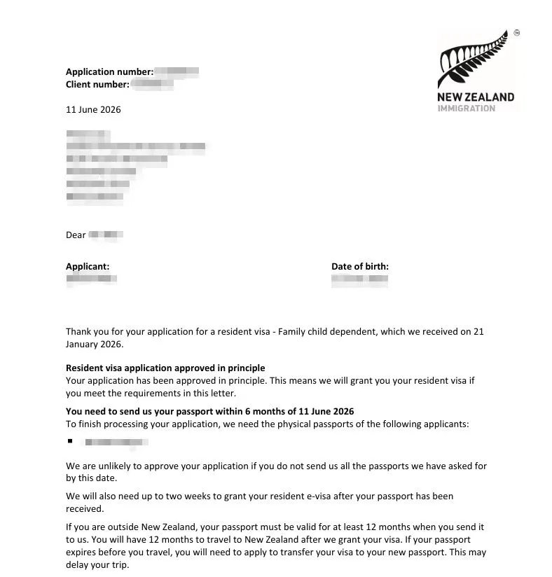 Anonymised Dependent Child Resident Visa approval in principle notice