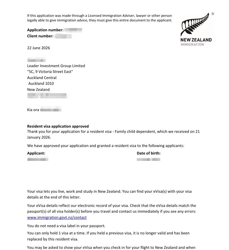 Anonymised Dependent Child Resident Visa approval notice