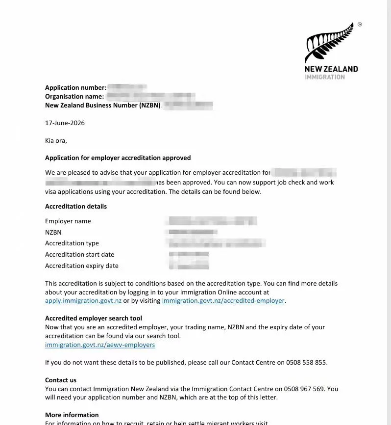Anonymised Employer Accreditation approval notice