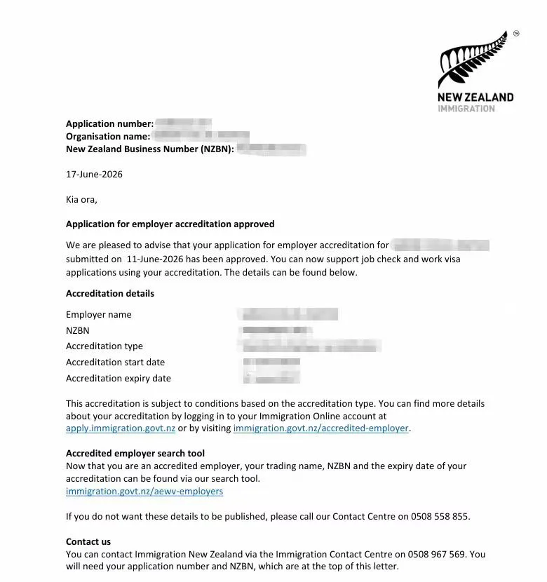 Anonymised Employer Accreditation approval notice