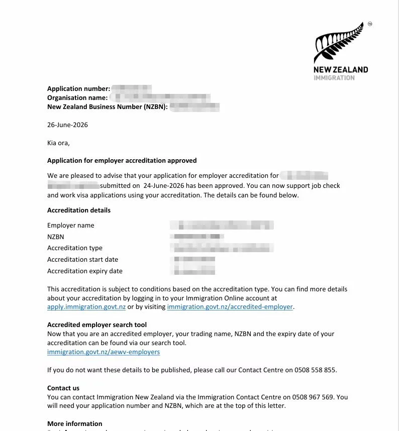 Anonymised Employer Accreditation approval notice