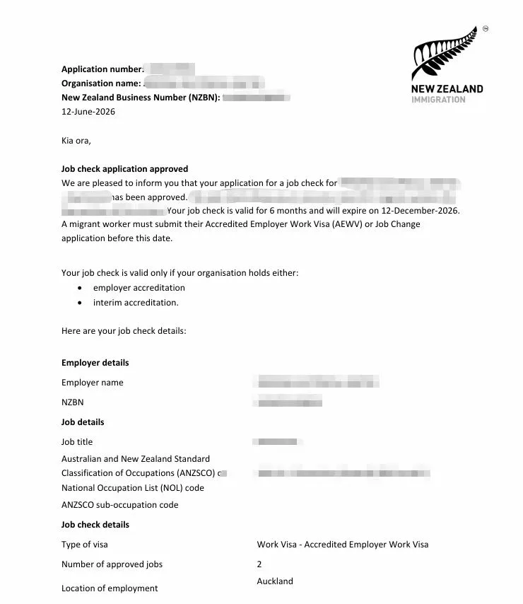 Anonymised Job Check approval notice
