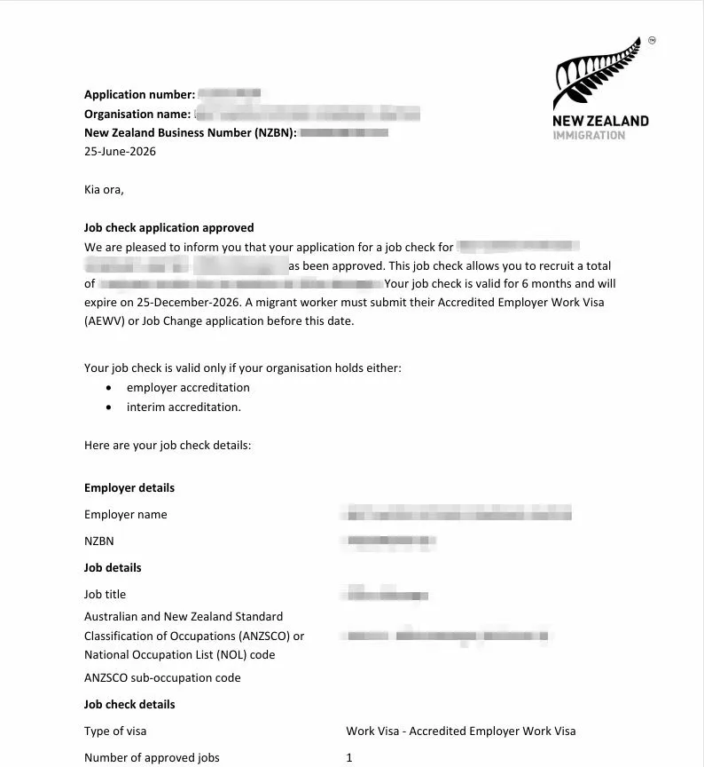 Anonymised Job Check approval notice