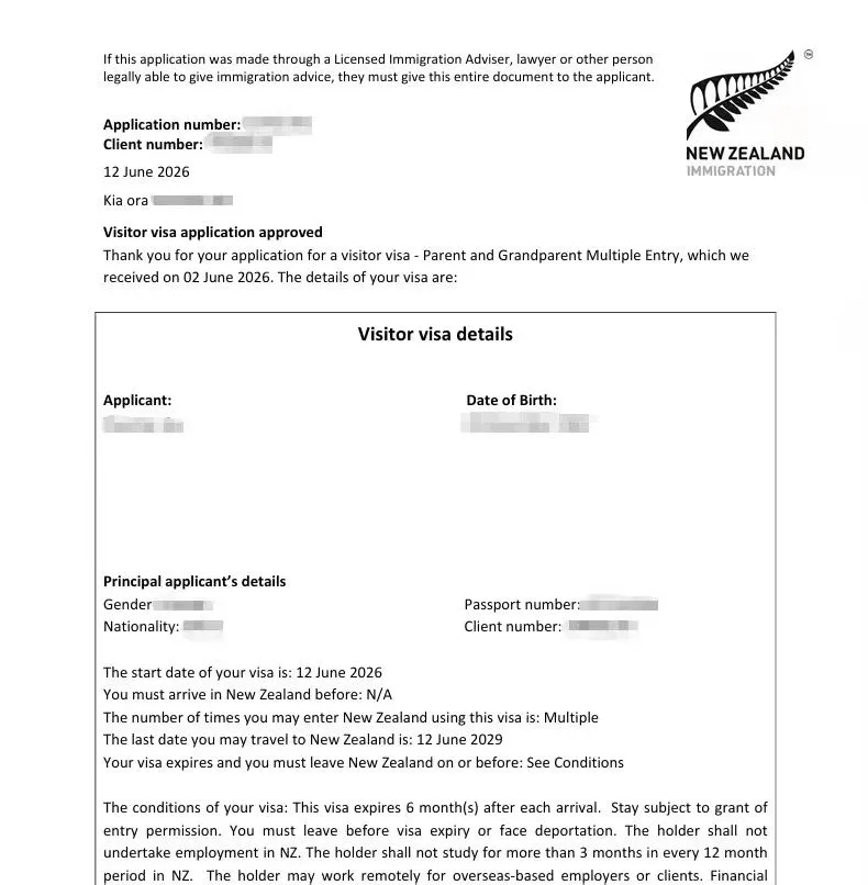 Anonymised Parent and Grandparent Visitor Visa approval notice