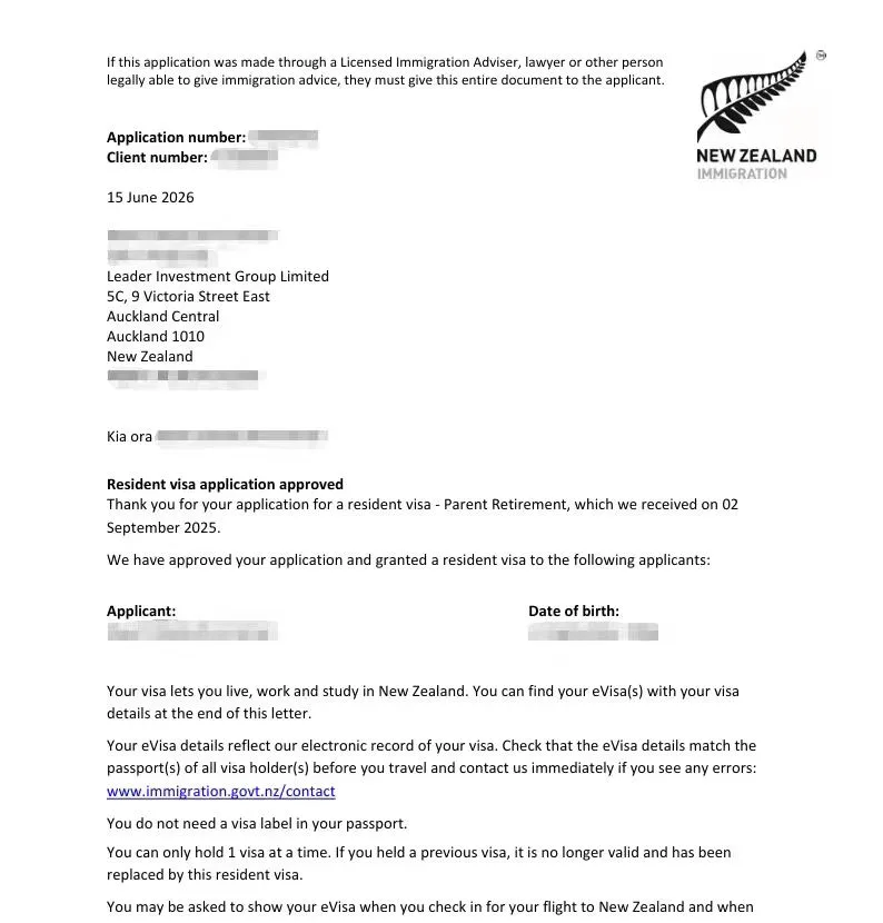Anonymised Parent Retirement Resident Visa approval notice