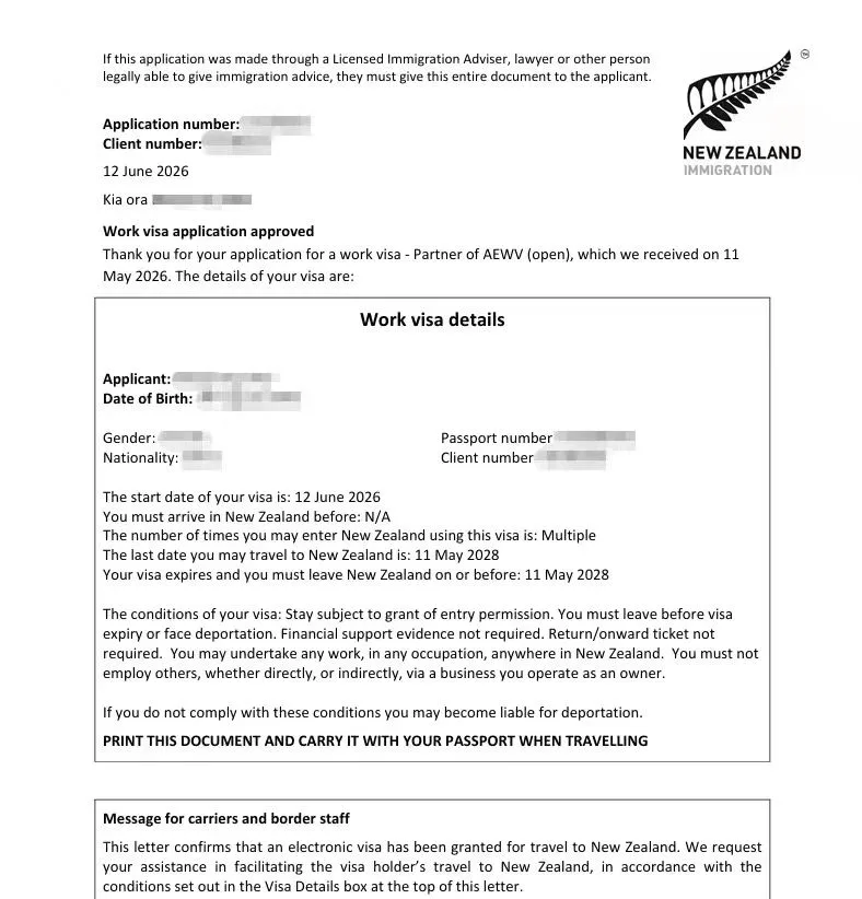 Anonymised Partner of a Worker Work Visa approval notice