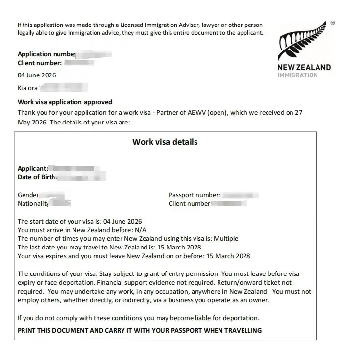 Anonymised Partner of a Worker Work Visa approval notice