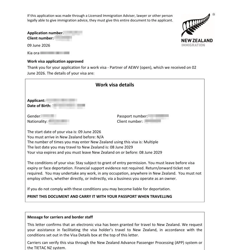 Anonymised Partner of a Worker Work Visa approval notice
