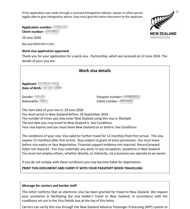 Anonymised Partnership Work Visa approval notice