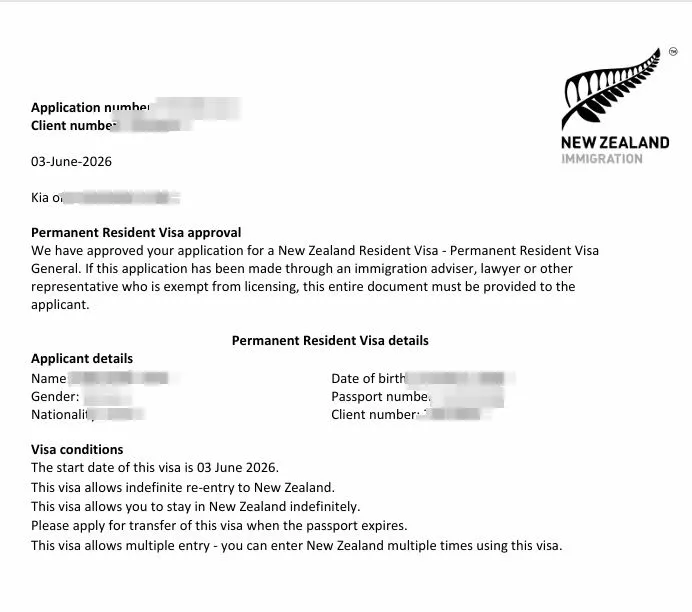 Anonymised Permanent Resident Visa approval notice