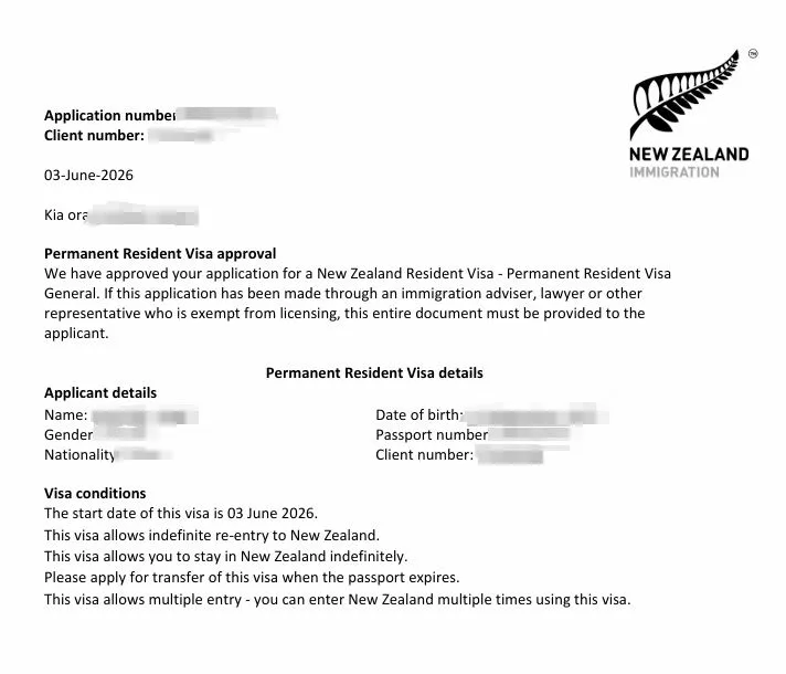 Anonymised Permanent Resident Visa approval notice