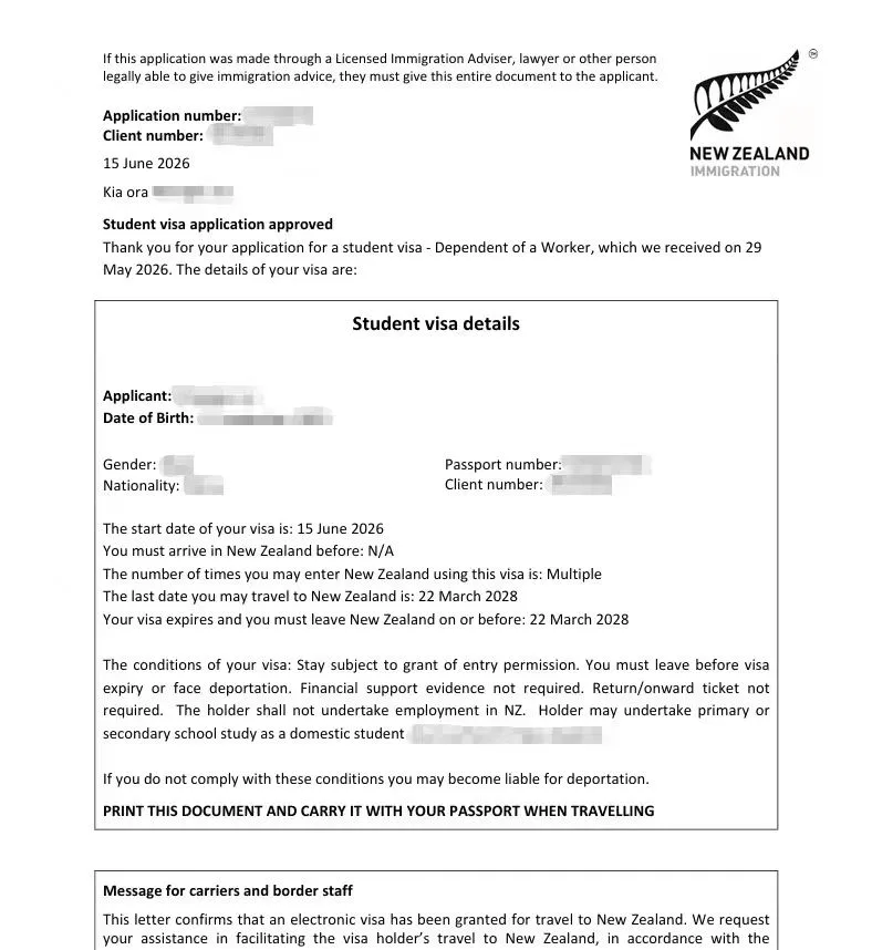 Anonymised Student Visa approval notice