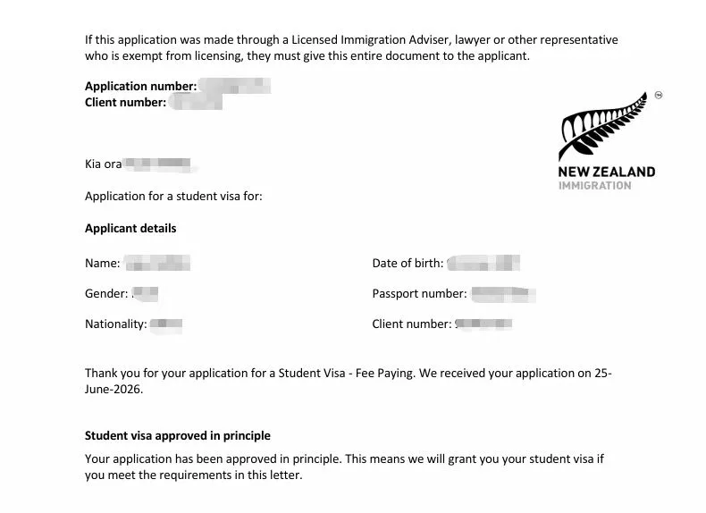 Anonymised Student Visa approval in principle notice