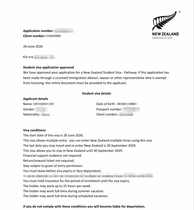 Anonymised Student Visa approval notice