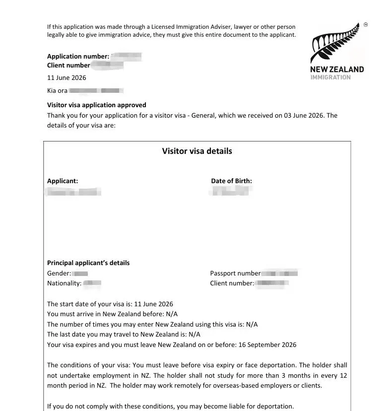 Anonymised Visitor Visa approval notice