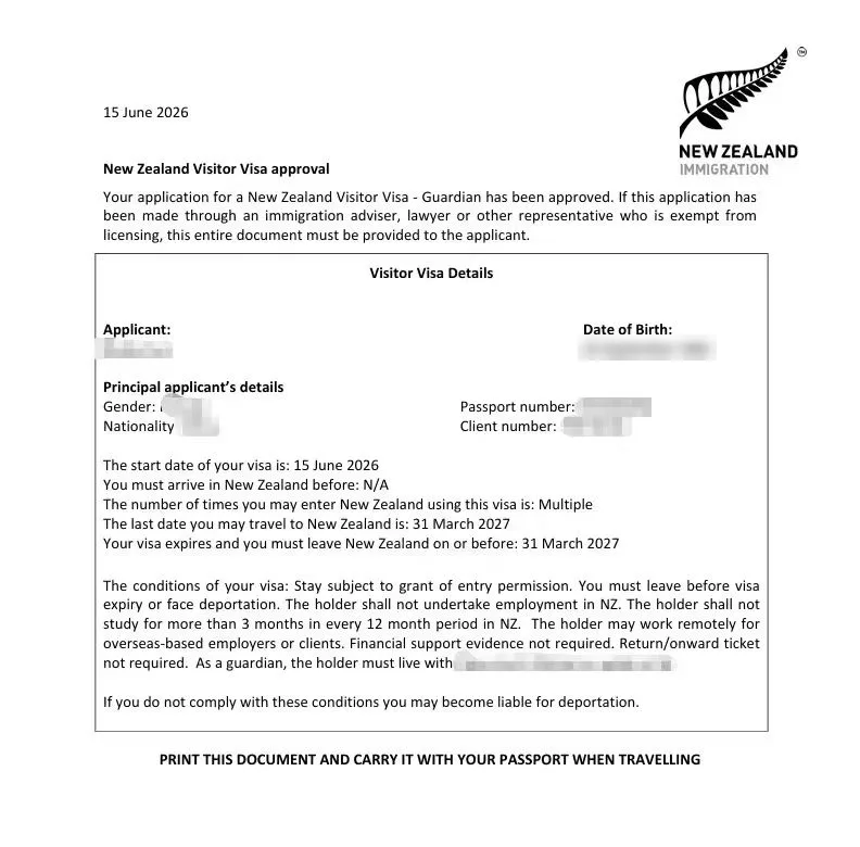 Anonymised Visitor Visa approval notice