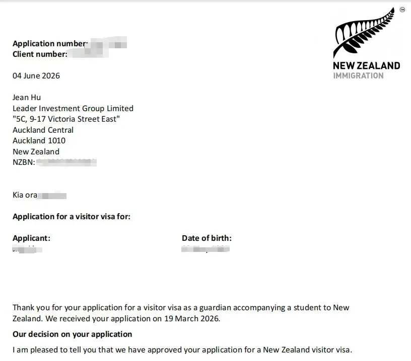 Anonymised Visitor Visa approval notice