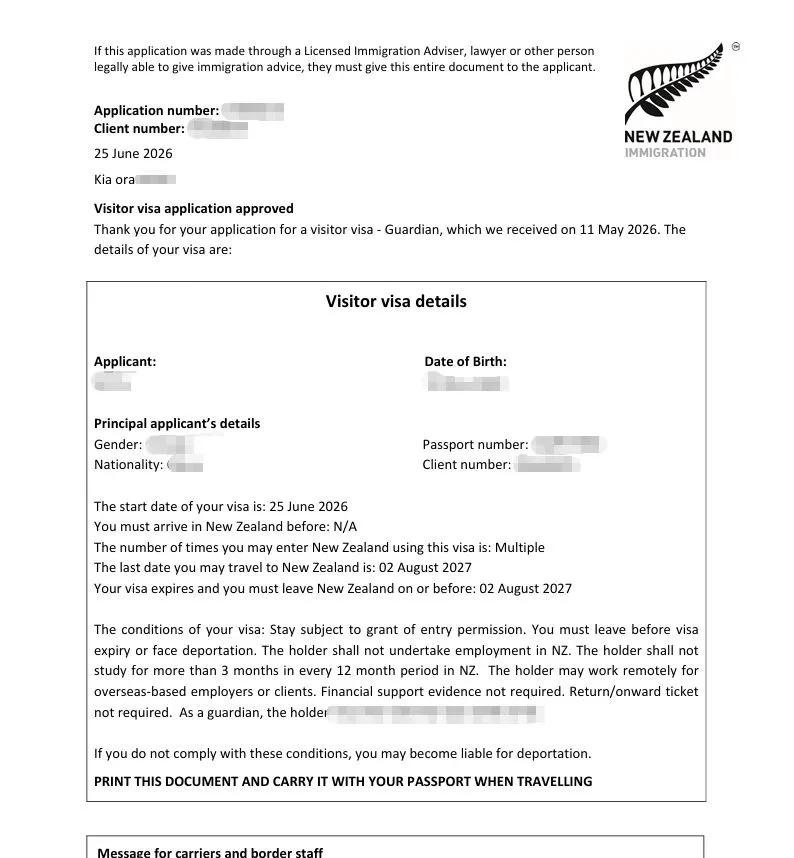 Anonymised Visitor Visa approval notice