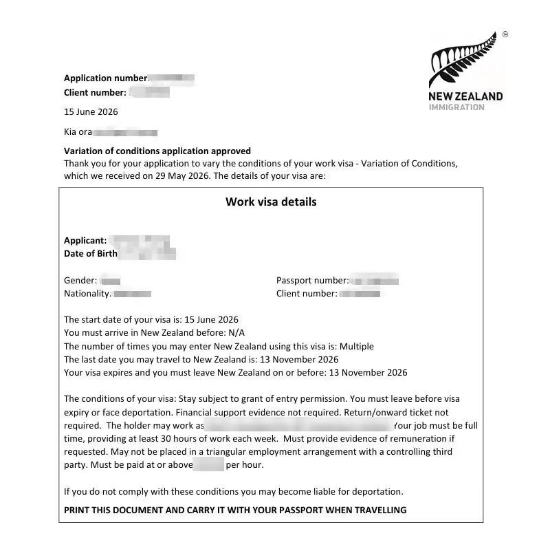 Anonymised Work Visa approval notice