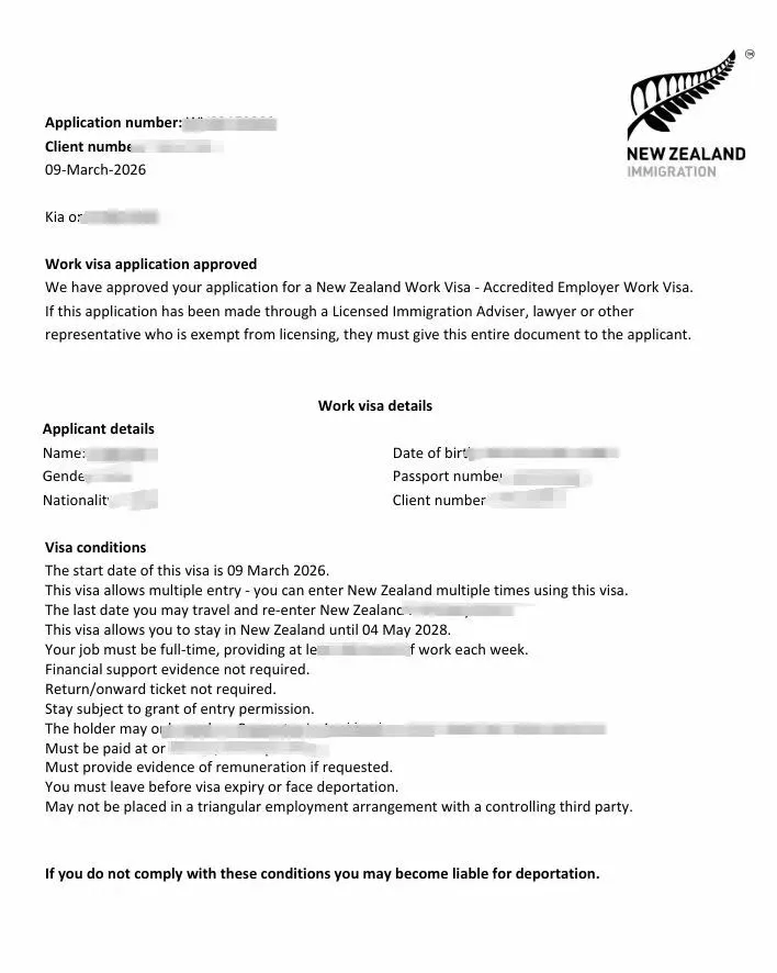 Anonymised Accredited Employer Work Visa approval notice