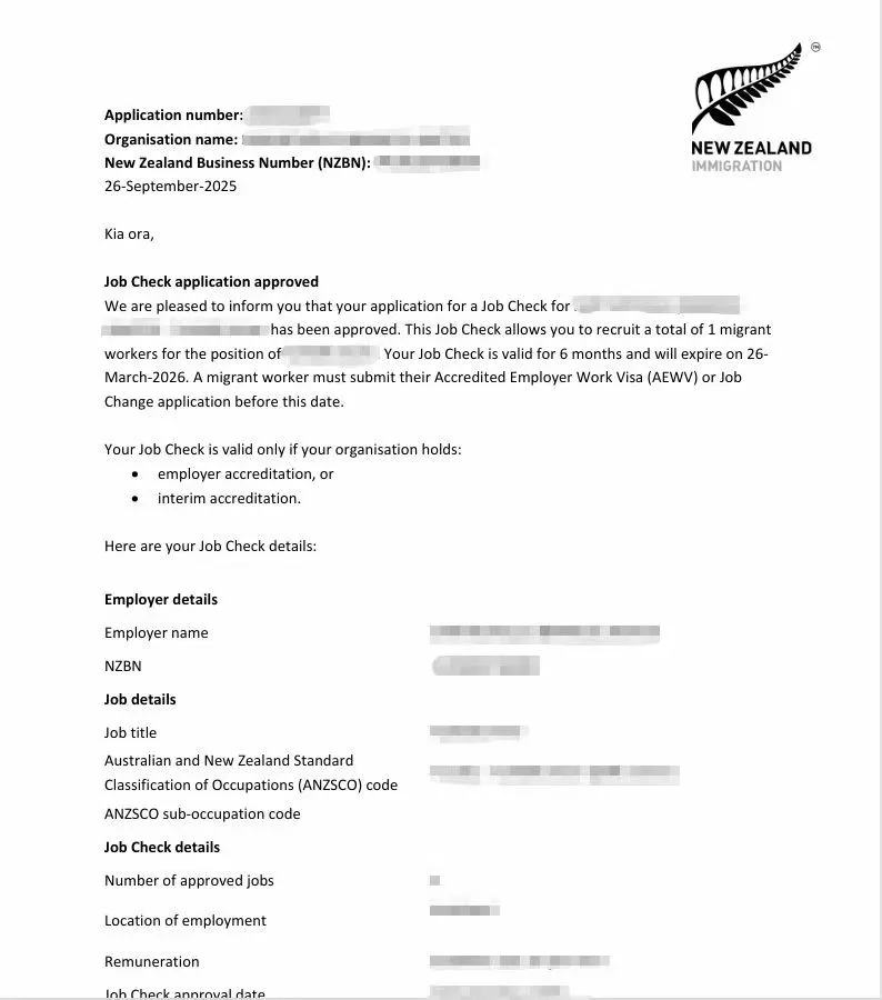 Anonymised Job Check approval notice