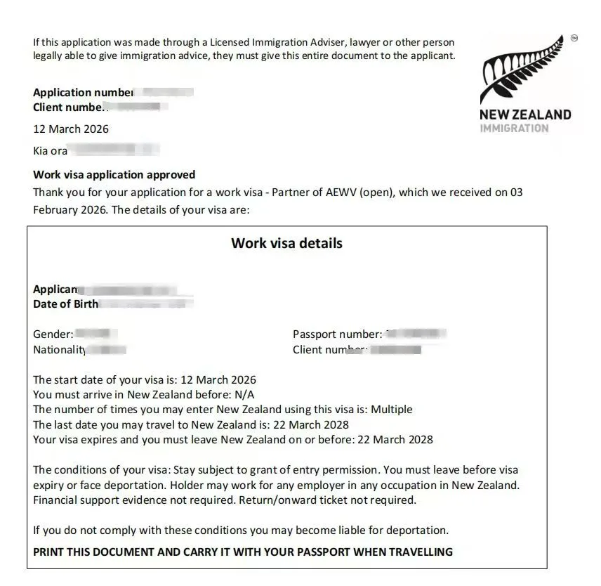 Anonymised Partner of a Worker Work Visa approval notice