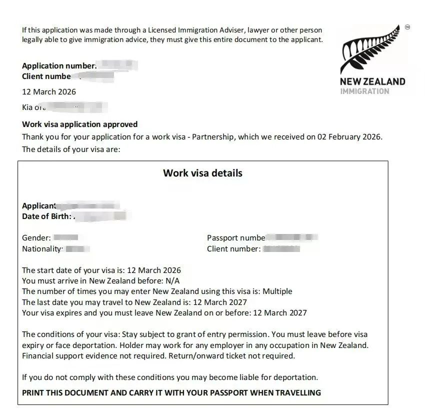 Anonymised Partnership Work Visa approval notice