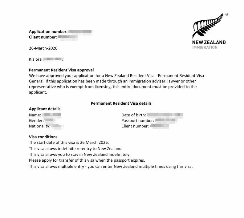 Anonymised Permanent Resident Visa approval notice