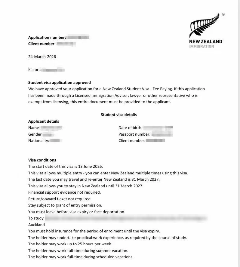 Anonymised Student Visa approval notice