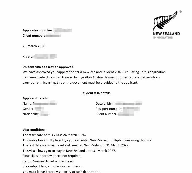 Anonymised Student Visa approval notice