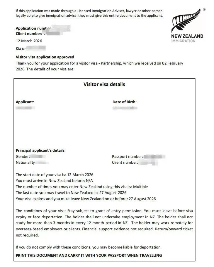 Anonymised Visitor Visa approval notice