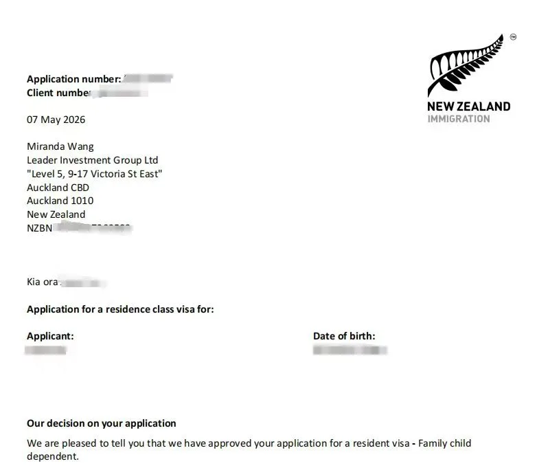Anonymised Dependent Child Resident Visa approval notice