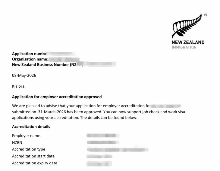 Anonymised Employer Accreditation approval notice