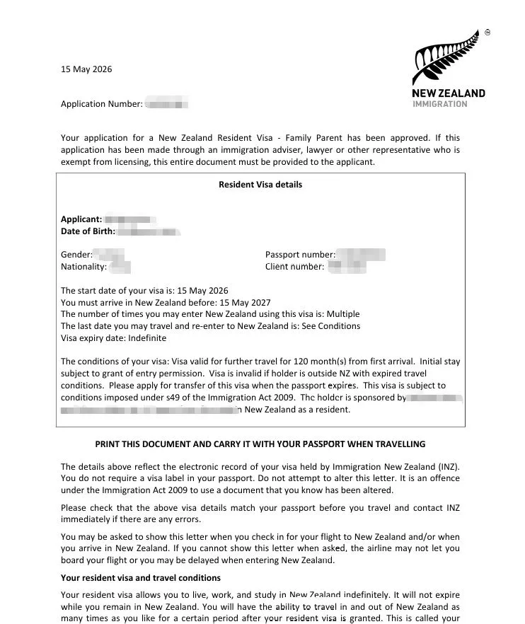 Anonymised Parent Resident Visa approval notice