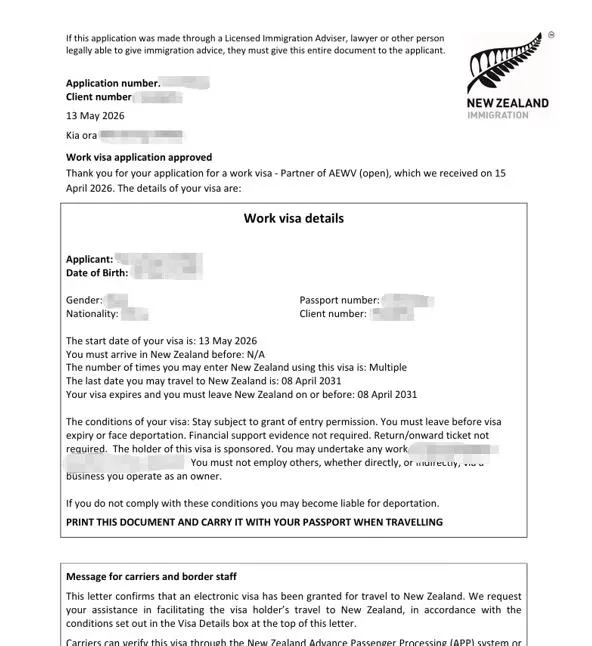 Anonymised Partner of a Worker Work Visa approval notice