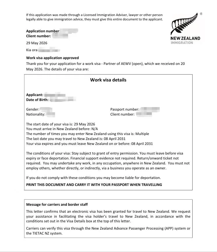 Anonymised Partner of a Worker Work Visa approval notice