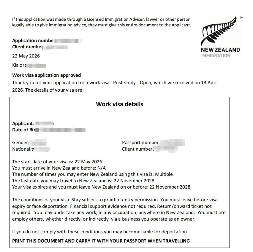 Anonymised Post Study Work Visa approval notice