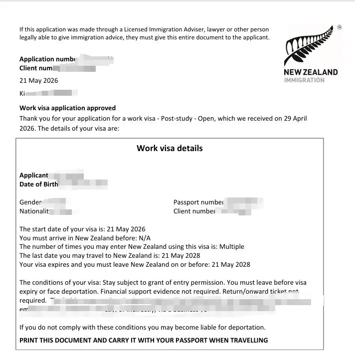 Anonymised Post Study Work Visa approval notice