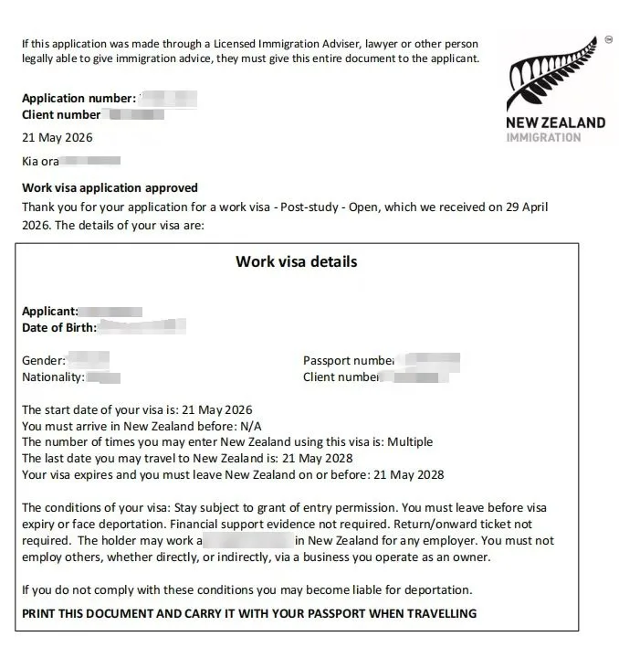 Anonymised Post Study Work Visa approval notice