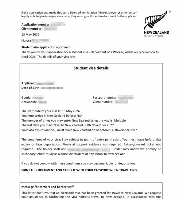 Anonymised Student Visa approval notice
