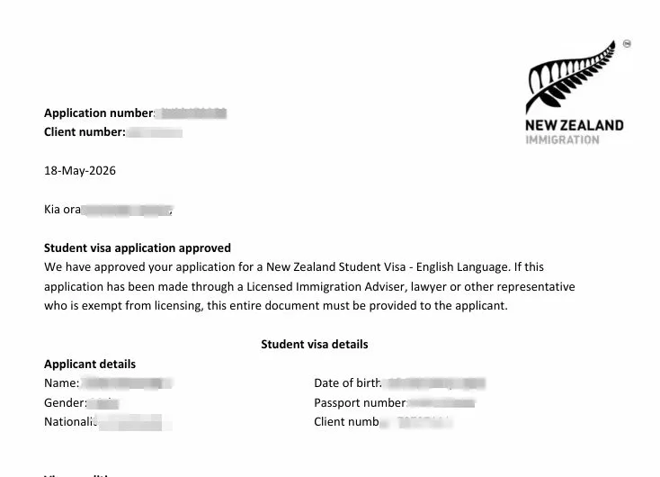 Anonymised Student Visa approval notice