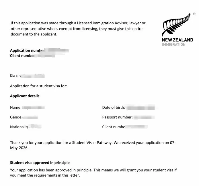 Anonymised Student Visa approval in principle notice
