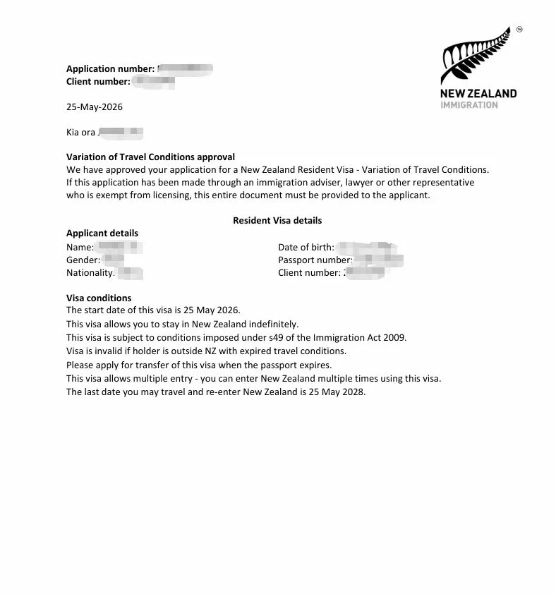 Anonymised Variation of Travel Conditions approval notice