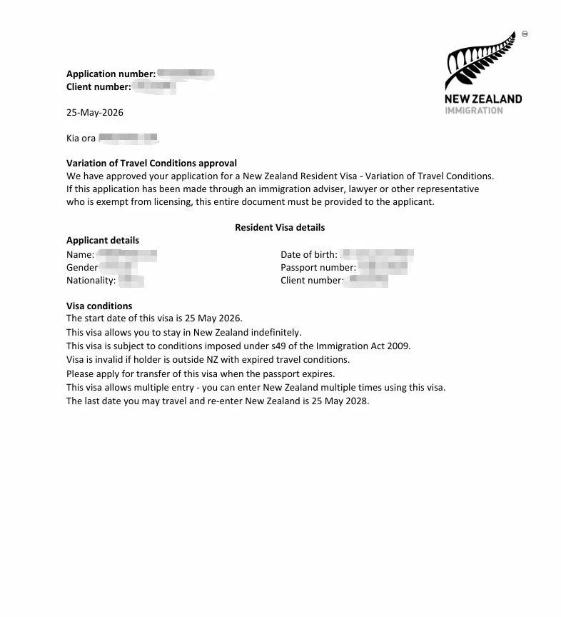 Anonymised Variation of Travel Conditions approval notice