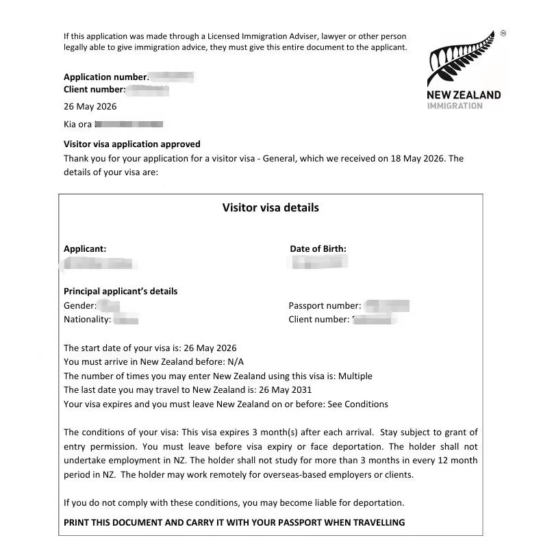 Anonymised Visitor Visa approval notice