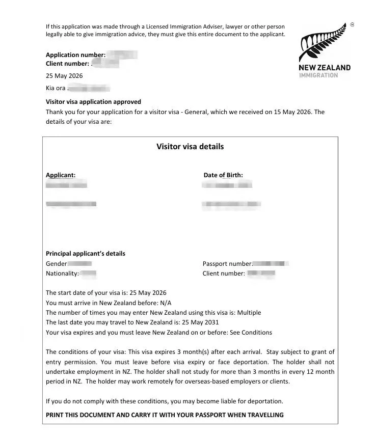 Anonymised Visitor Visa approval notice