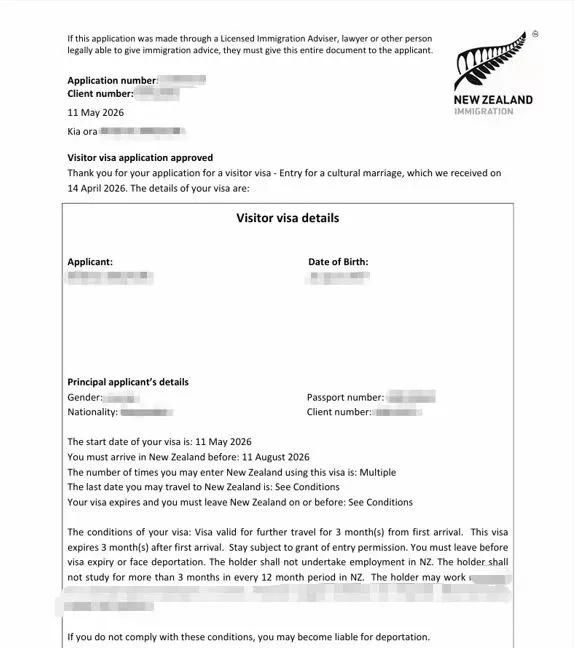 Anonymised Visitor Visa approval notice