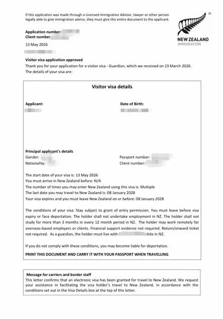 Anonymised Visitor Visa approval notice