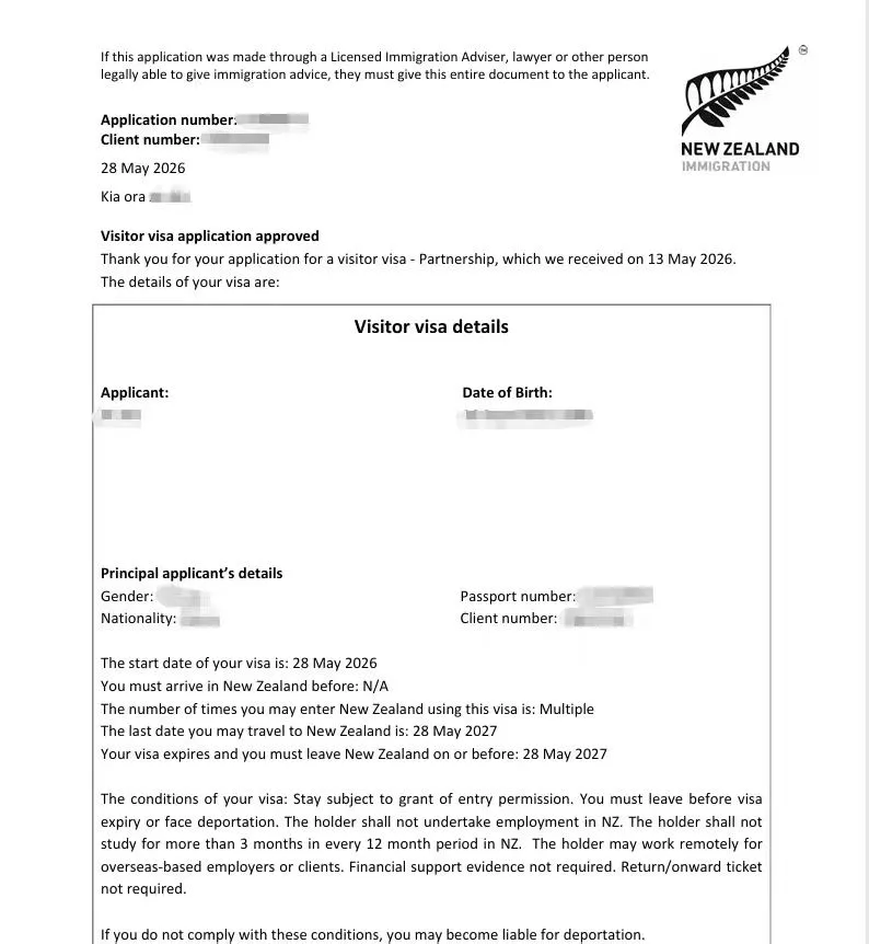 Anonymised Visitor Visa approval notice
