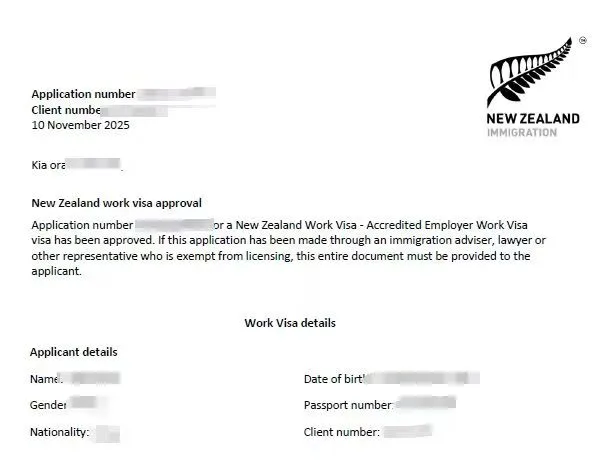 Anonymised Accredited Employer Work Visa approval notice